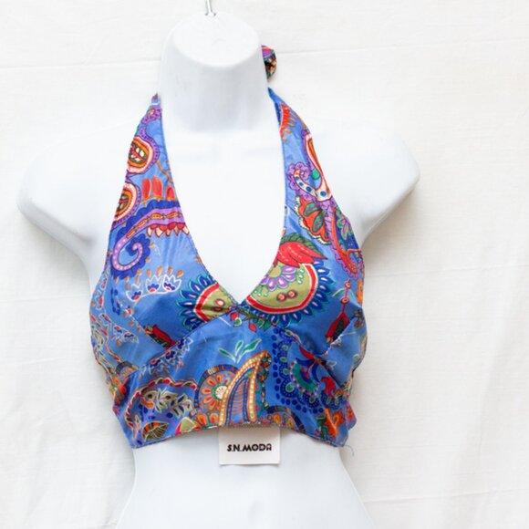 NWT Vintage Style 70s Boho Hippie Handmade Reversible Silk Tie Halter Crop Top - Picture 2 of 6